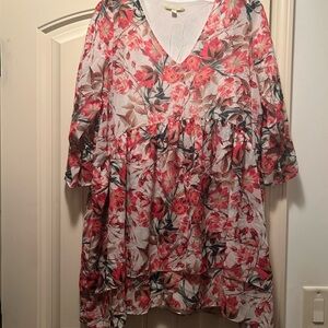 Gianni Bini Floral V-Neck Mini Dress - Red and Pink